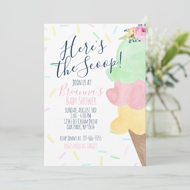 Hier ist die Scoop Ice Cream Baby Dusche Einladung (Stehend Vorderseite)