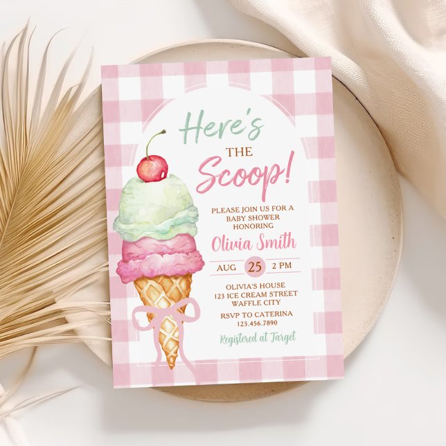 Hier ist die Scoop Ice Cream Bow Baby Dusche Einladung (Von Creator hochgeladen)