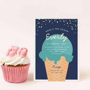 Hier ist die Scoop Ice Cream Cone Kid Birthday Par Folieneinladung