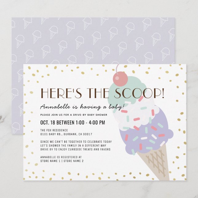Hier ist die Scoop Ice Cream Drive by Baby Shower Einladung (Vorne/Hinten)