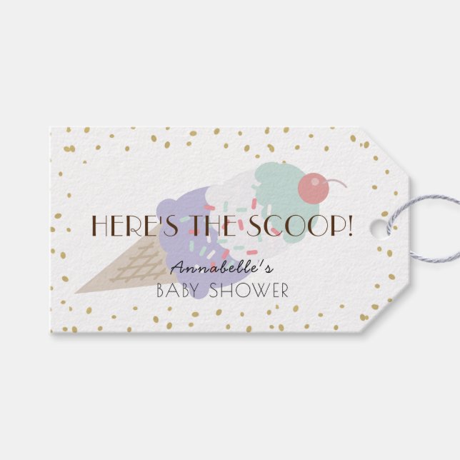 Hier ist die Scoop Ice Cream Lila Baby Shower Geschenkanhänger (Vorderseite (Horizontal))