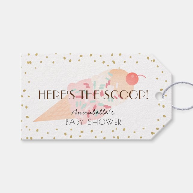 Hier ist die Scoop Ice Cream Pink Baby Dusche Geschenkanhänger (Vorderseite (Horizontal))