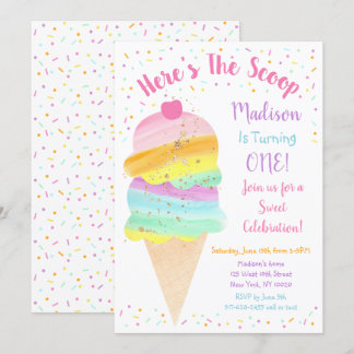 Hier ist die Scoop Rainbow Ice Cream Birthday Einladung