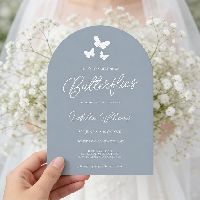 Hier ist ein Leben im Brautparty der Schmetterling Einladung (The invitation is shown in a 5x7 inch arch-shaped.. Personalize it for a memorable bridal shower.)