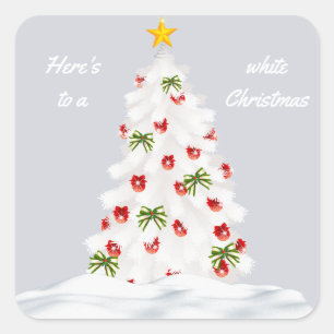 Hier ist ein weißer Christbaum mit Rot Quadratischer Aufkleber