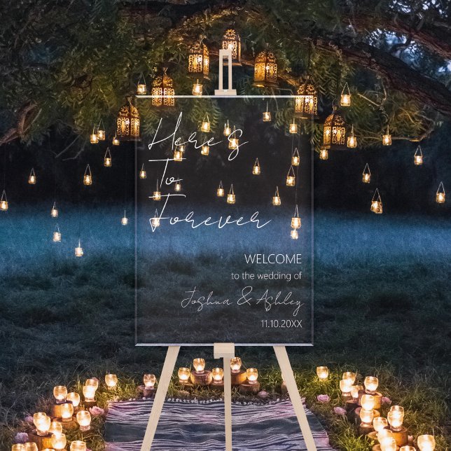 Hier ist für immer der Empfang von eleganten weiße Acrylschild (Here's To Forever Elegant White Wedding Welcome Acrylic Sign
)