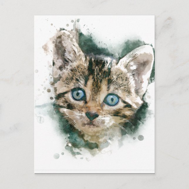 Hier, Kitty, Kitty...schöne Aquarellmalerei Postkarte (Vorderseite)