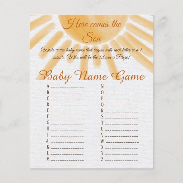 Hier kommen Sunshine Baby Shower Baby Name Race Ga (Vorderseite)