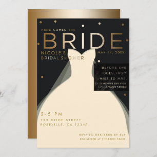 Hier kommt BRIDE Creme Black Gold Brautparty Einladung