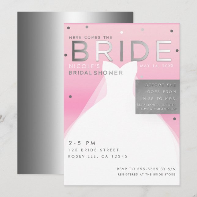 Hier kommt BRIDE Silver & Pink Chic Brautparty Einladung (Vorne/Hinten)