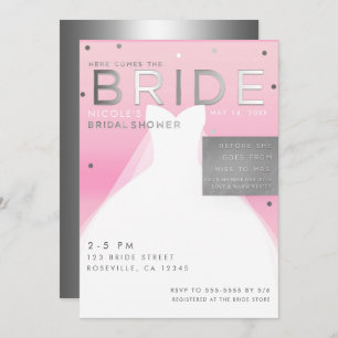 Hier kommt BRIDE Silver & Pink Chic Brautparty Einladung