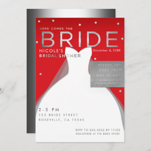 Hier kommt BRIDE Silver & Red Chic Brautparty Einladung