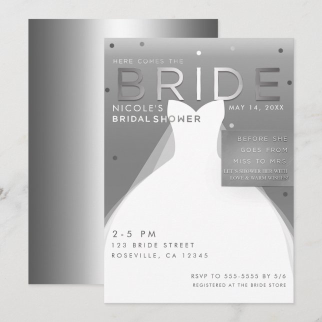 Hier kommt BRIDE Silver & White Chic Brautparty Einladung (Vorne/Hinten)