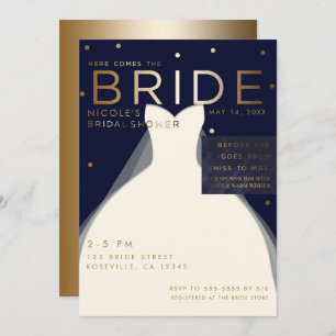 Hier kommt das BRIDE Navy Blue & Gold Brautparty Einladung