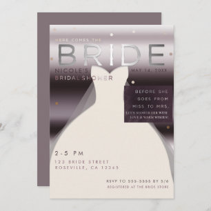 Hier kommt das Lila Brautparty BRIDE Silver Einladung