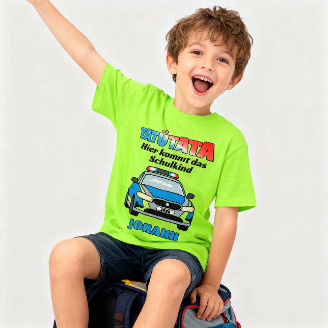 Hier kommt das Schulkind - Polizei Tatütata T-Shirt (T-Shirt zum Schulanfang mit Polizeifahrzeug - Tatütata - Hier kommt das Schulkind "Name")