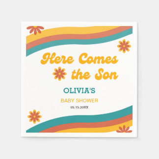 Hier kommt das Son Retro Boy Baby Shower Party Serviette
