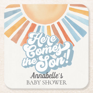 Hier kommt das Son Sunshine Boy Baby Shower Party Rechteckiger Pappuntersetzer