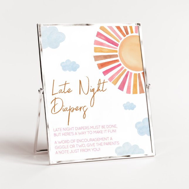 Hier kommt das Sonnenmädchen spät nachts Windeln Poster (Sunshine Baby Shower Late Night Diapers Sign)