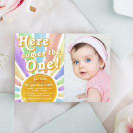 Hier kommt der eine! Retro Sun 1. Geburtstags-Foto Einladung