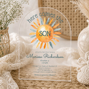 Hier kommt der Sohn Baby Boy Shower Acryleinladungen