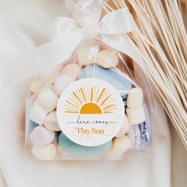 Hier kommt der Sohn Baby-Dusche danke Runder Aufkleber (Von Creator hochgeladen)