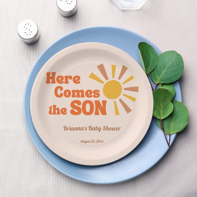Hier kommt der Sohn Baby Dusche Groovy Retro Pappteller (Here comes the son groovy retro baby shower printed paper plates personalized table decor)