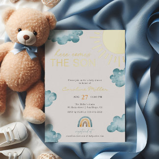 Hier kommt der Sohn Baby Shower Junge Blau Gold Folieneinladung