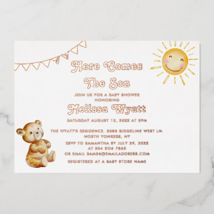 Hier kommt der Sohn Bär Junge Baby Shower Roségold Folieneinladung
