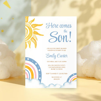 Hier kommt der Sohn Boho Regenbogen-Baby-Party Einladung