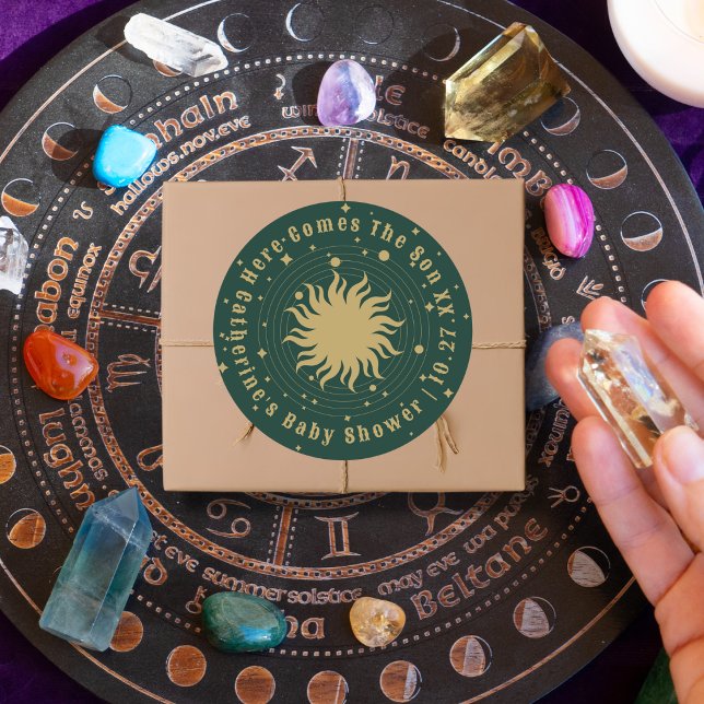 Hier kommt der Sohn | Celestial Baby Shower Runder Aufkleber (Von Creator hochgeladen)