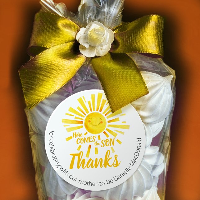 Hier kommt der Sohn, gelb sonnendusche Baby Runder Aufkleber (Von Creator hochgeladen)