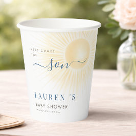 Hier kommt der Sohn Junge Sonnen Baby Dusche Pappbecher