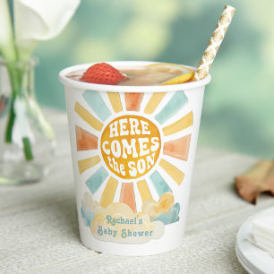 Hier kommt der Sohn Retro Sunburst Baby Shower Pappbecher