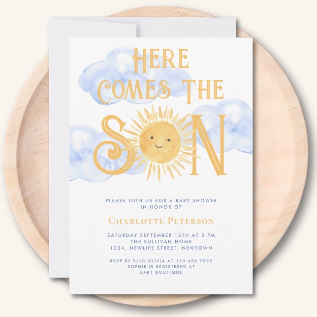 Hier kommt der Sohn Sonnens Wolken Baby Shower Einladung (Von Creator hochgeladen)