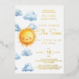 Hier kommt der Sohn Watercolor Baby Boy Shower Folieneinladung