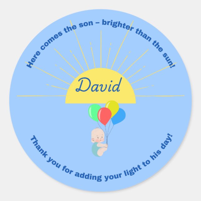 Hier kommt der Son - Baby Shower Sticker für Junge (Vorderseite)