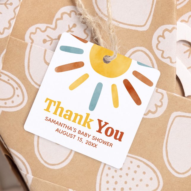 Hier kommt der Son Sunshine Baby Shower Square Geschenkanhänger (Here comes the Sun Baby Shower Square Favor Tags)