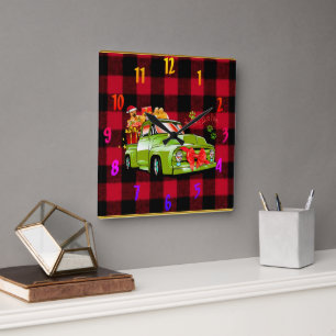 Hier kommt der Weihnachtsbaumwagen Quadratische Wanduhr