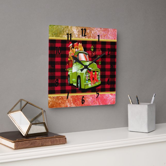 Hier kommt der Weihnachtsbaumwagen von Weihnachtsf Quadratische Wanduhr (Büro)