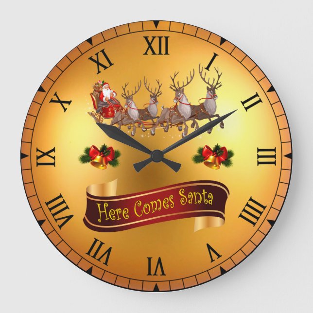 Hier kommt der Weihnachtsmann und seine Rentiere ~ Große Wanduhr (Vorderseite)