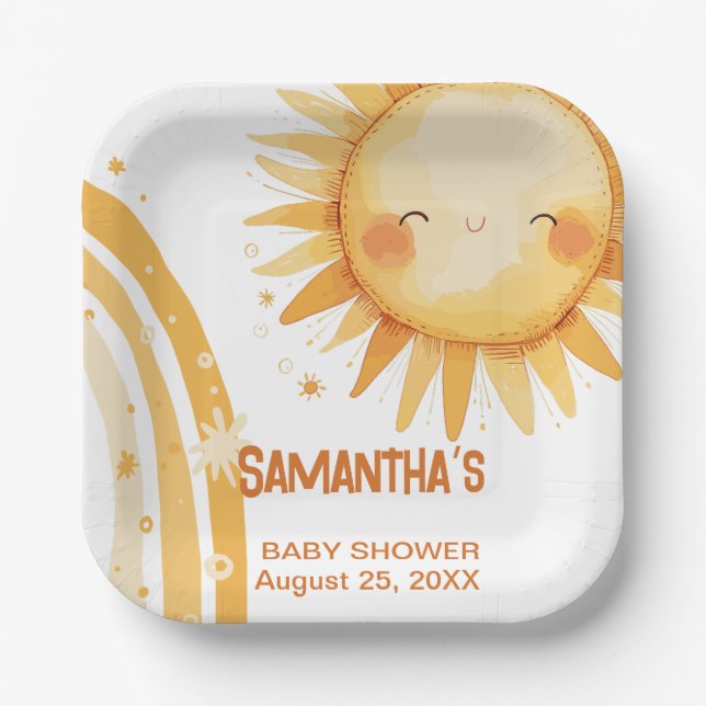 Hier kommt die Baby-Duschkarte Sun Boho Pappteller (Vorderseite)