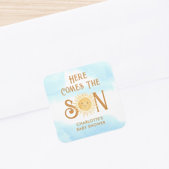 Hier kommt die Babydusche des Sohnes Quadratischer Aufkleber (Von Creator hochgeladen)