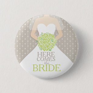 Hier kommt die Braut grüne Rose Probe Hochzeit Button