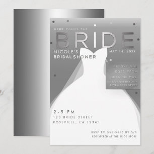 Hier kommt die BRAUT Silber & Weiß Chic Brautparty Einladung