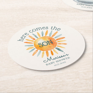 Hier kommt die Son Baby Boy Dusche Runder Pappuntersetzer