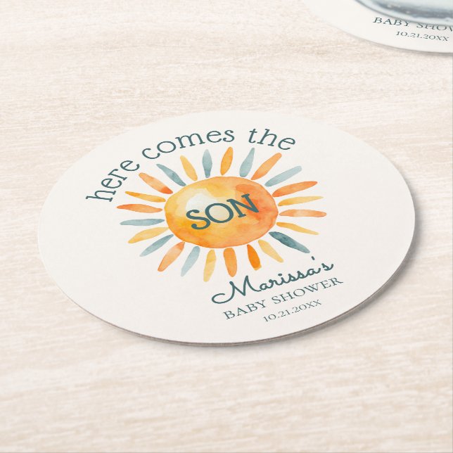 Hier kommt die Son Baby Boy Dusche Runder Pappuntersetzer (Angewinkelt)