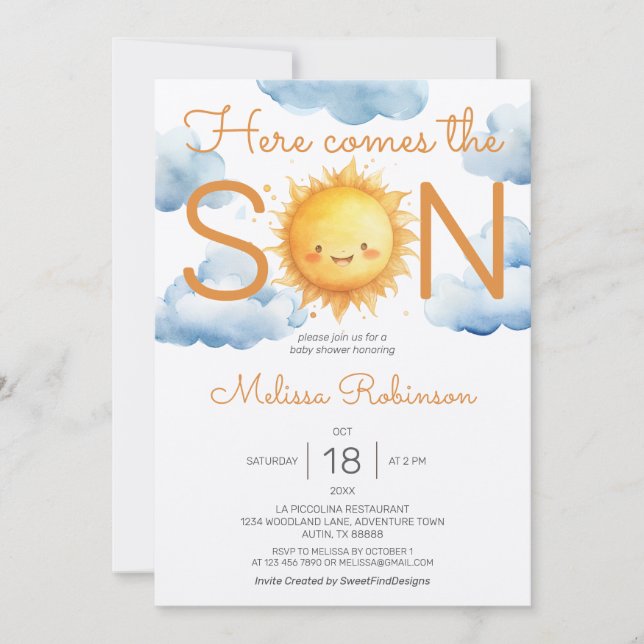 Hier kommt die Son Baby Dusche Einladung (Vorderseite)