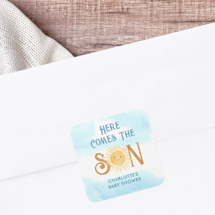 Hier kommt die Son Baby Dusche Quadratischer Aufkleber