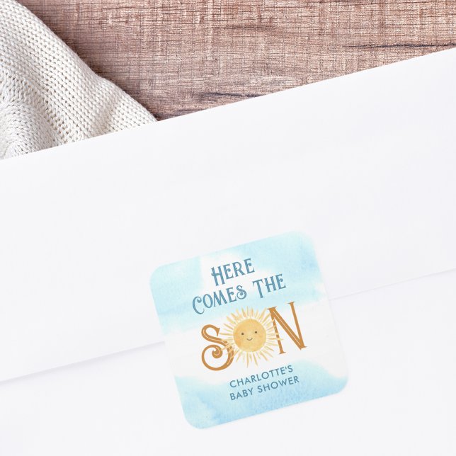 Hier kommt die Son Baby Dusche Quadratischer Aufkleber (Von Creator hochgeladen)